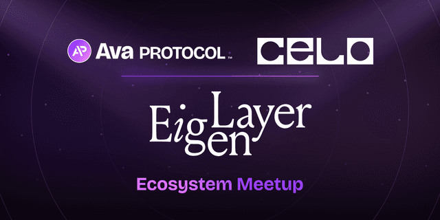 An image for a blog recap of an EigenLayer Ecosystem Meetup. At the top are the logos for two organizations: Ava Protocol (in white and purple) and Celo (in white). The center of the image features "EigenLayer" in a stylized white font. Below this is "Ecosystem Meetup" in pink text. The overall design has a modern, tech-oriented aesthetic.