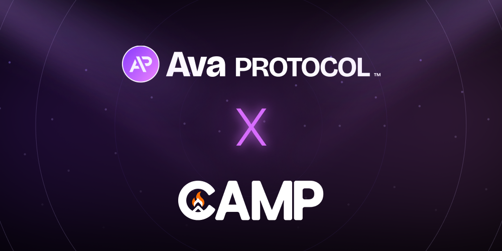An image showing the Ava Protocol logo above the CAMP logo with an X in between, against a purple background featuring a spotlight effect.