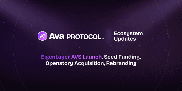 Ava Protocol Ecosystem Updates. The image features the Ava Protocol logo followed by the text "Ecosystem Updates" on the right. Below, the text reads "EigenLayer AVS Launch, Seed Funding, Openstory Acquisition, Rebranding" on a dark purple background with subtle circular patterns and small dot accents.