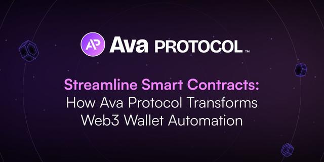 Banner with the Ava Protocol logo and text. The text reads: "Ava Protocol" followed by "Streamline Smart Contracts: How Ava Protocol Transforms Web3 Automation." The background is dark purple with subtle geometric shapes.